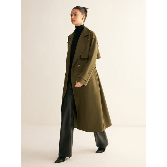 Commense Olive Green Trench Coat Longline Double Breasted Belted Classic Style - Picture 3 of 6